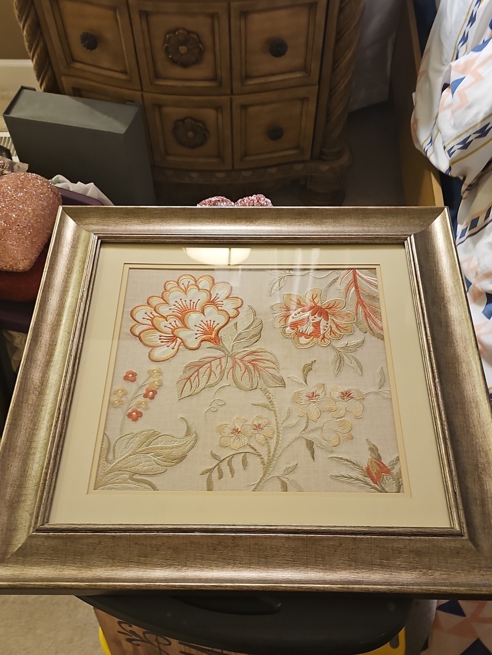 Floral Embroidered Framed Floral Flower Art - Muted Orange,Yellow & Sage 23x23"
